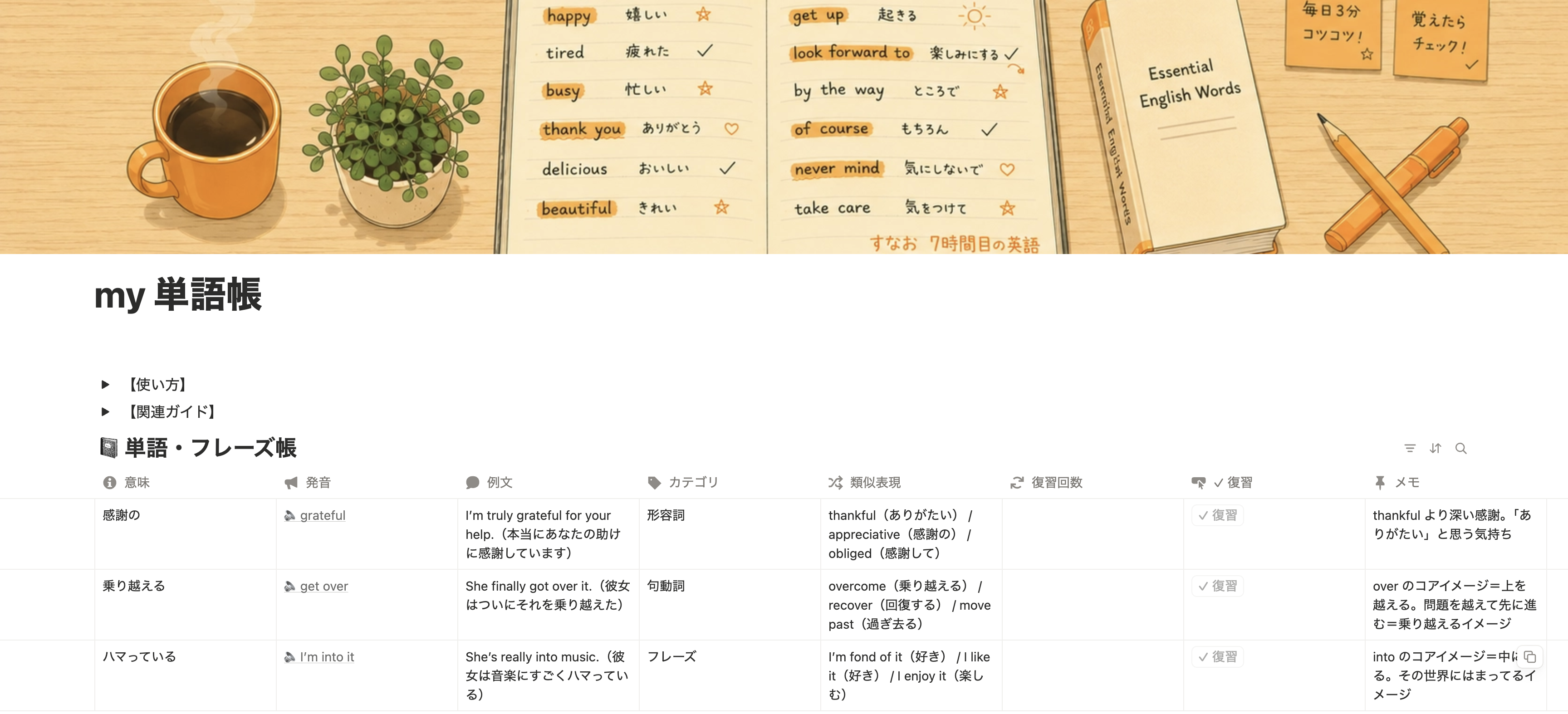 サンプル3行（grateful / get over / I'm into it）と各列の内容
