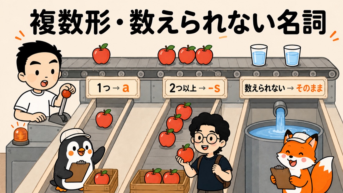 複数形と数えられない名詞のアイキャッチ：ベルトコンベアでりんごと水を3つのレーン（1つ→a、2つ以上→-s、数えられない→そのまま）に仕分けするすなお・マナブ・ぺんぺん・コン太