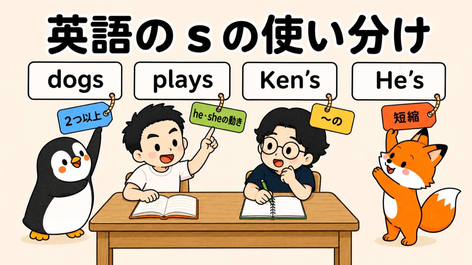 英語の s の使い分け。dogs・plays・Ken's・He's の4つの単語カードに4色の札（2つ以上／he・sheの動き／〜の／短縮）。机ですなおとマナブが学び、ぺんぺんとコン太が札を指す