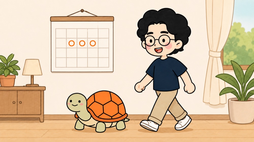 週3回の丸印がついたカレンダーの前を、マナブと亀吉がマイペースに歩いているイラスト
