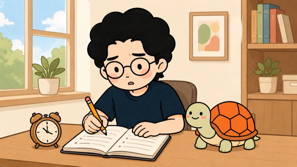 マナブがノートにレッスンの質問を書いて予習し、亀吉が見守っているイラスト