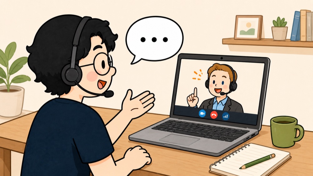 マナブがヘッドセットをつけて、身ぶりを交えながら自分から話しているレッスン風景のイラスト