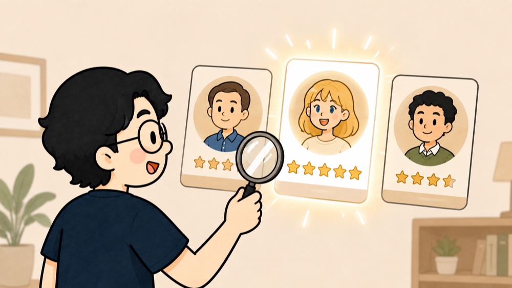 マナブが虫めがねで講師のプロフィールカードを見比べているイラスト